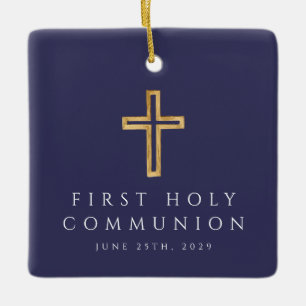 Photo Boy Religious Cross Blue First Communion Ceramic Ornament