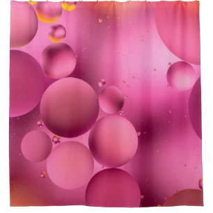 photo, bright oily drops in water with colourful b shower curtain