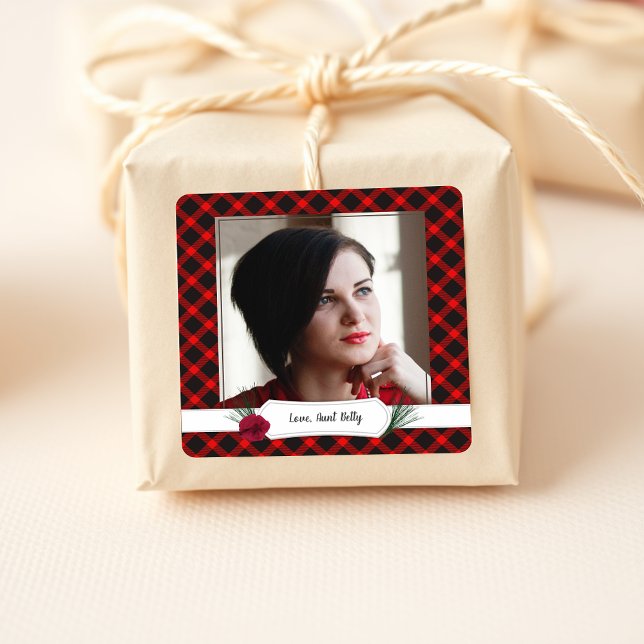 Photo Bright Red Check Christmas Gift Tag Stickers (Creator Uploaded)