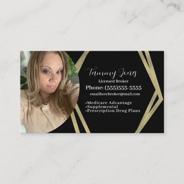 Photo Broker Health Tax Black Gold Business Cards (Front)
