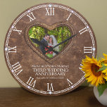 Photo brown leather heart 3rd wedding anniversary  large clock<br><div class="desc">Brown leather printed faux graphic stitched heart wedding anniversary clock, with graphic style crystals on each hour, customise with your own couples photo, year of marriage, and names or relationship to you. The example reads Maria and Preston Martinez Third Wedding Anniversary and your marriage and anniversary date or message. The...</div>