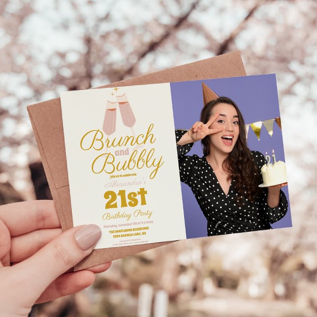 Photo Brunch and Bubbly Pink 21st Birthday Invitation (Creator Uploaded)