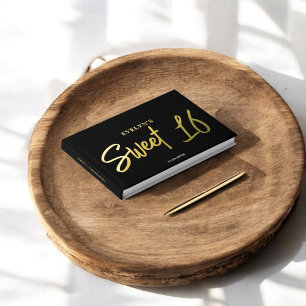 Photo Brush Script Elegant Black Sweet 16 Guest Book