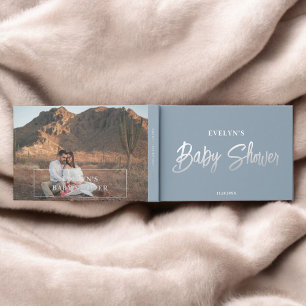 Photo Brush Script Elegant Blue Baby Shower Guest Book