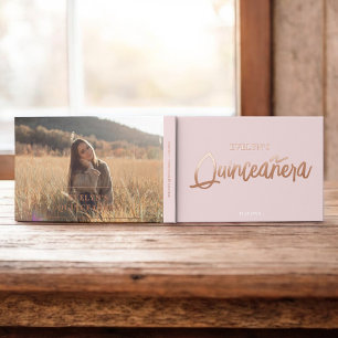 Photo Brush Script Pink Birthday Quinceanera Guest Book