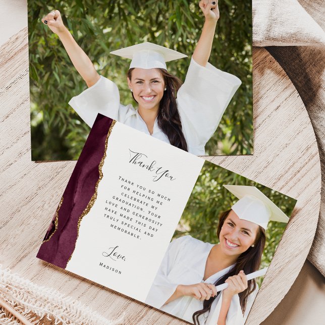 Photo Burgundy Agate Gold Script Graduation Thank You Card (Creator Uploaded)