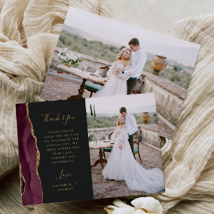Photo Burgundy Agate Gold Script Wedding Thank You Card