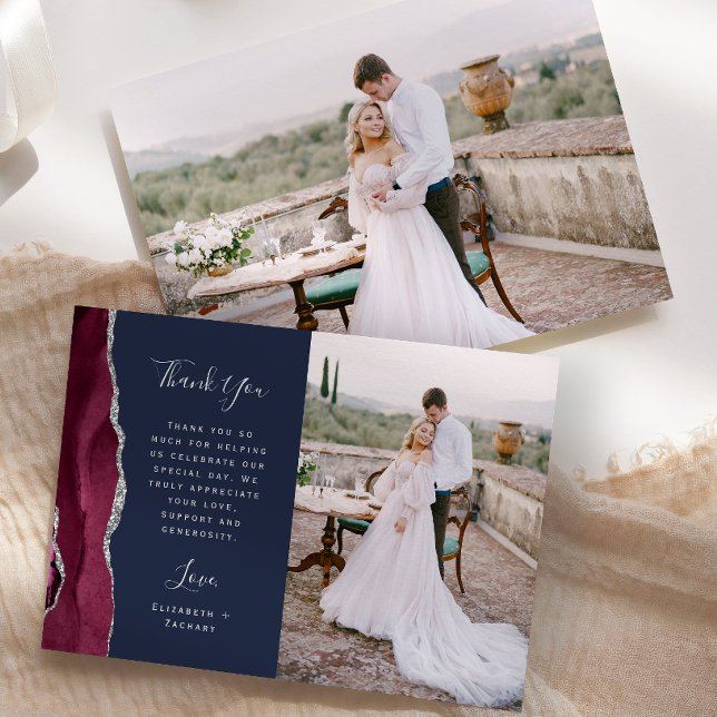 Photo Burgundy Agate Silver Script Navy Wedding Thank You Card (Creator Uploaded)