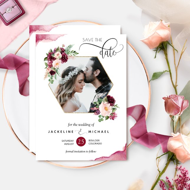 Photo, Burgundy and Blush Floral Wedding Save The Date (Creator Uploaded)