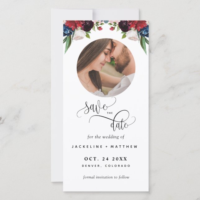Photo Burgundy Blue Wedding Save The Date Bookmark (Front)