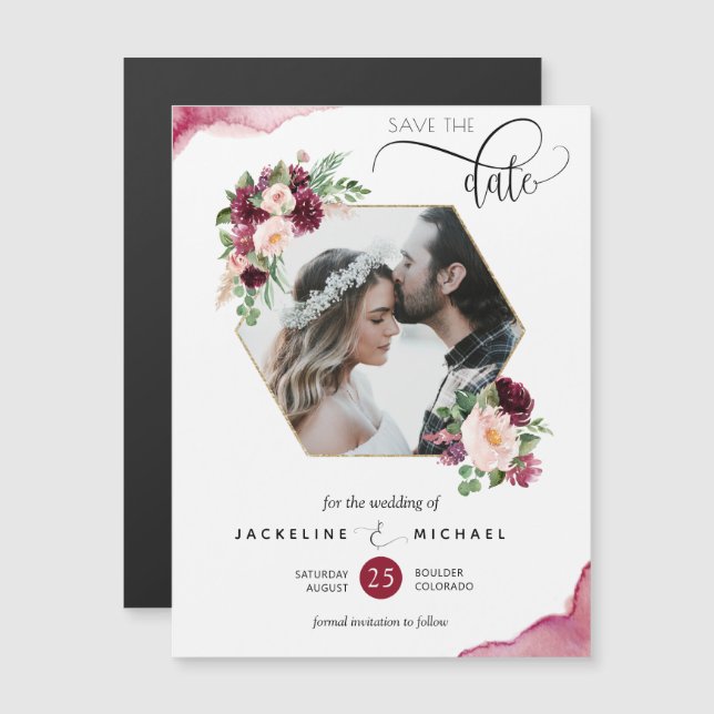 Photo Burgundy Blush Wedding Save the Date Magnet (Front/Back)