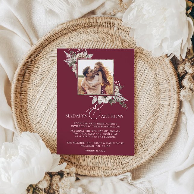 Photo Burgundy Boho Floral Watercolor Wedding Invitation (Photo Burgundy Boho Floral Watercolor Wedding Invitation)