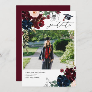 Photo Burgundy Floral Graduation Announcements