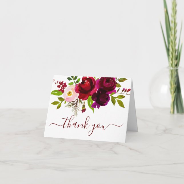 Photo Burgundy Floral Wedding Thank You Card (Front)