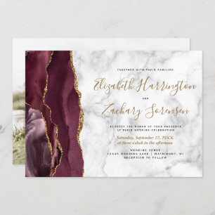 Photo Burgundy Gold Agate Marble Wedding Invitation