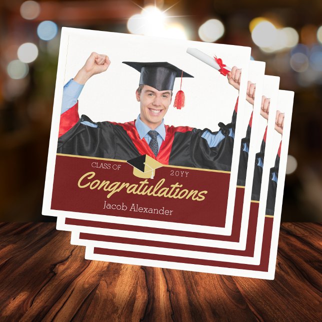 Photo Burgundy Gold graduation class of 20xx Napkin (Creator Uploaded)