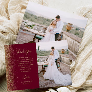 Photo Burgundy Red Gold Glitter Script Wedding Thank You Card