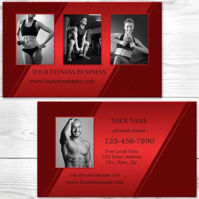 Photo Burgundy Red Personal Trainer Fitness Business Card (Fitness or professional personal trainer business card in red and burgundy with custom photos)