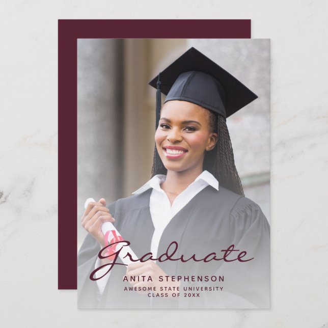 Photo Burgundy Script Graduation Announcement (Front/Back)