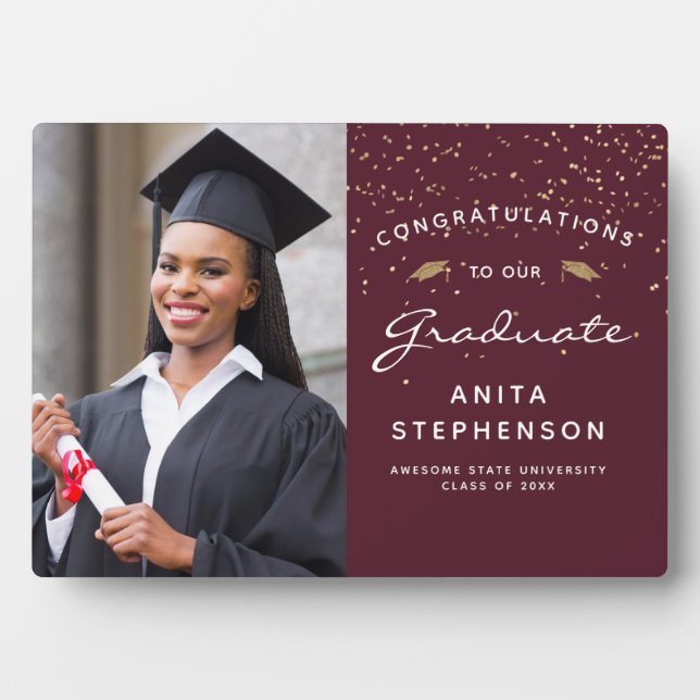 Photo Burgundy White Gold Graduation Keepsake Plaque (Front)