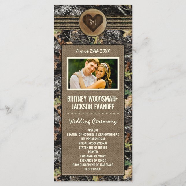 Photo Burlap + Carved Heart Camo Wedding  Programs Programme (Front)