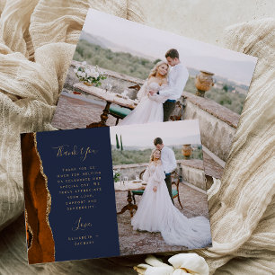 Photo Burnt Orange Agate Gold Script Navy Wedding Thank You Card