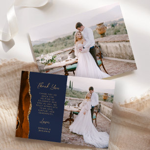 Photo Burnt Orange Agate Navy Gold Script Wedding Thank You Card