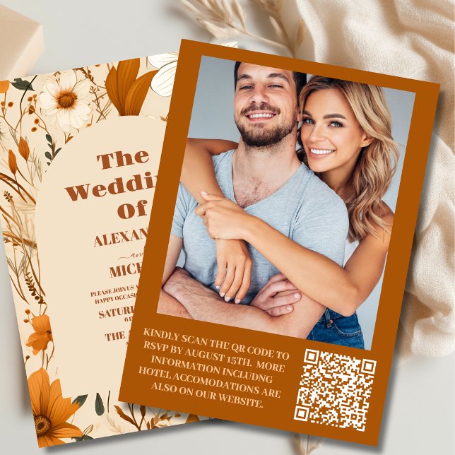 Photo Burnt Orange Watercolor Wildflowers Wedding Invitation (Creator Uploaded)