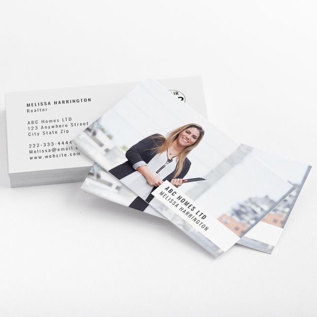 Photo Business Card | Easy Custom Branding | White (A modern white photo business card with company logo & photo of a woman in a professional suit.)