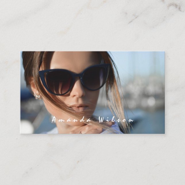 Photo Business Card Simply Modern White Script (Front)