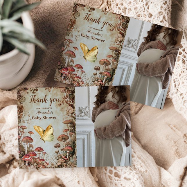 Photo Butterfly Mushroom Woodland Baby Shower Thank You Card (Creator Uploaded)