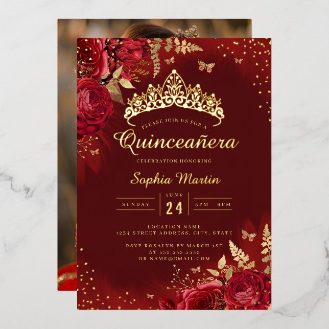 Photo Butterfly Red Gold Floral Quinceanera  (Front/Back)