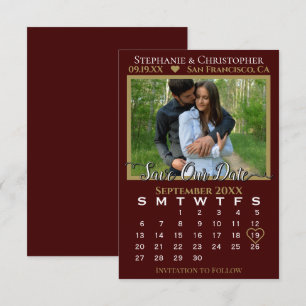 Photo Calendar Burgundy Gold Wedding Save Our Date Card