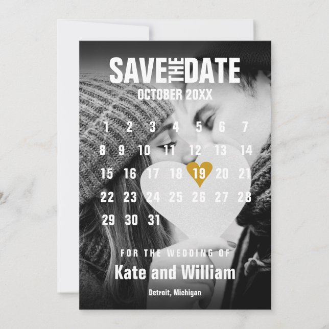 Photo Calendar Gold Heart Modern Save The Date Invitation (Front)
