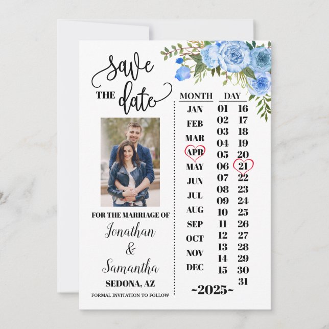 Photo calendar save the date Blue floral wedding Invitation (Front)