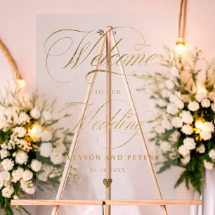 Photo calligraphy chic gold wedding welcome acrylic sign