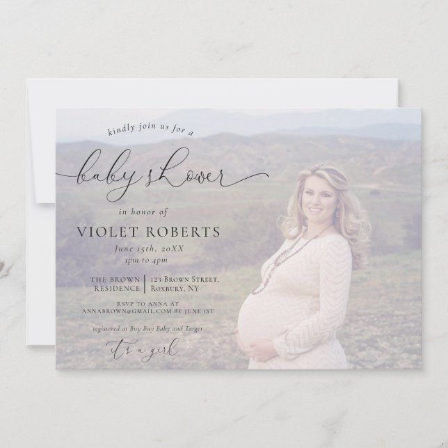Photo Calligraphy Girl Baby Shower  Invitation (Front)