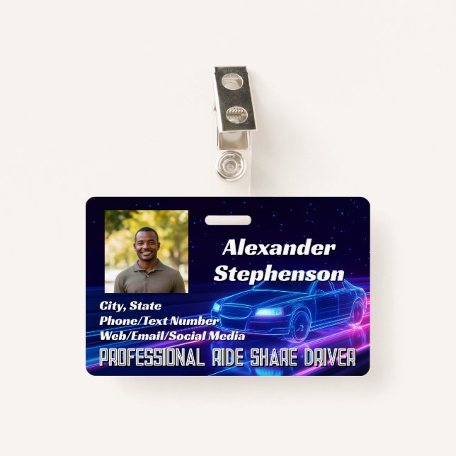 Photo Car Driving Lyft Uber Driver Rideshare ID Badge (Front with Clip)