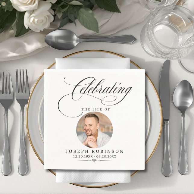 Photo Celebration of Life Elegant Script Funeral  Napkin (Creator Uploaded)