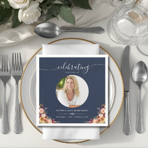 Photo Celebration of Life Floral Memorial Blue Napkin