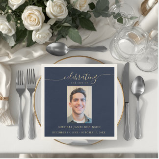 Photo Celebration of Life Funeral Gold Blue Napkin