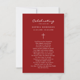 Photo Celebration of Life Funeral Red Prayer Card