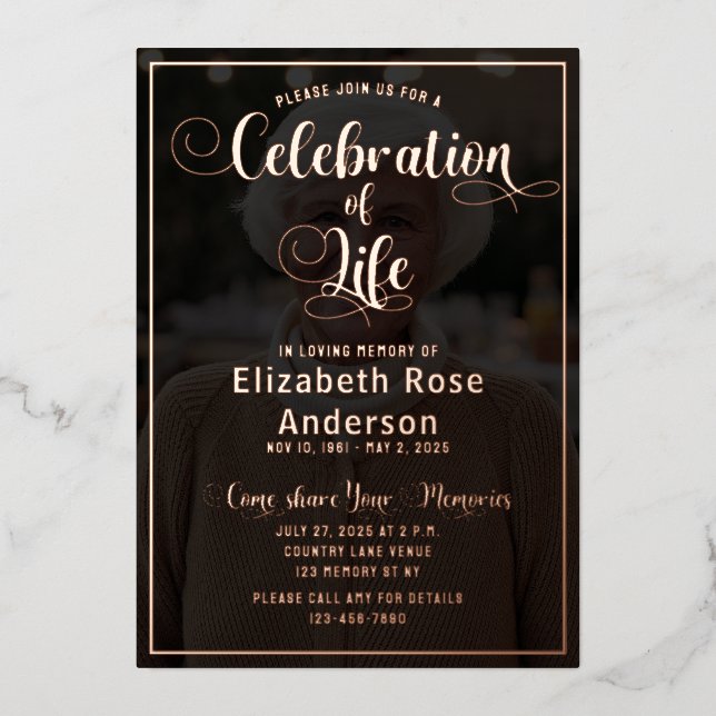 Photo Celebration of Life RoseGold Foil Invitation (Front)