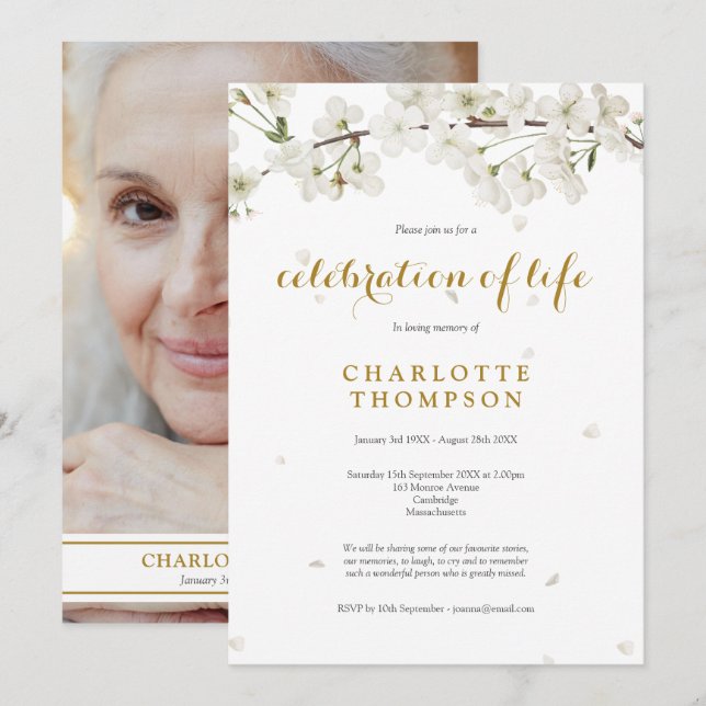 Photo Celebration of Life White Blossom Floral Invitation (Front/Back)