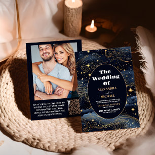 Photo Celestial Midnight Blue Stars Moon Wedding Invitation