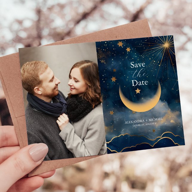 Photo Celestial Midnight Blue Stars Moon Wedding Save The Date (Creator Uploaded)