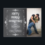 Photo Chalkboard Happy Merry Everything Postcard<br><div class="desc">Curly scribbles and doodles galore decorates this fun and whimsical Christmas greeting chalkboard postcard that features a fun photo of the happy couple.</div>
