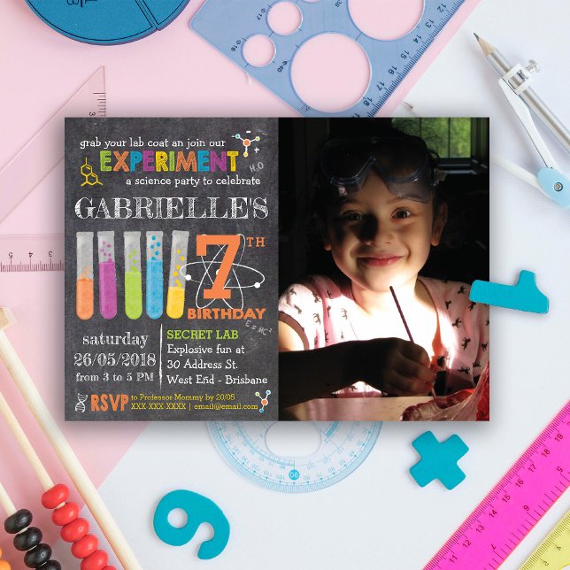 Photo Chalkboard Mad Science Party Birthday Invitation (Put on your lab coat and get ready for an incredible party with our Science Party Invitation.)