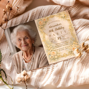 Photo Champagne Baroque Floral Frame 90th Birthday Invitation