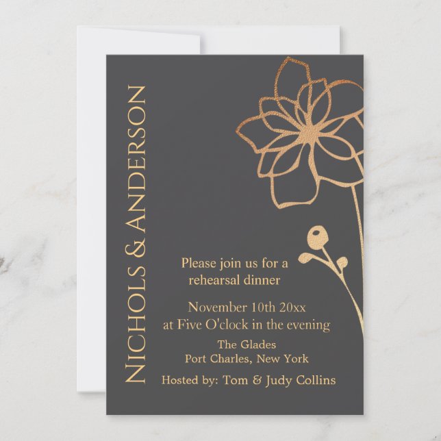  Photo Charcoal & Gold QR Code Wedding Rehearsal Invitation (Front)
